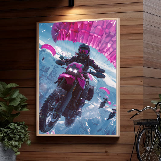 A daredevil motorcyclist in stylish pink and black gear performs an extreme stunt, freefalling alongside their motorcycle while surrounded by vibrant pink parachutes against a mountainous backdrop.
