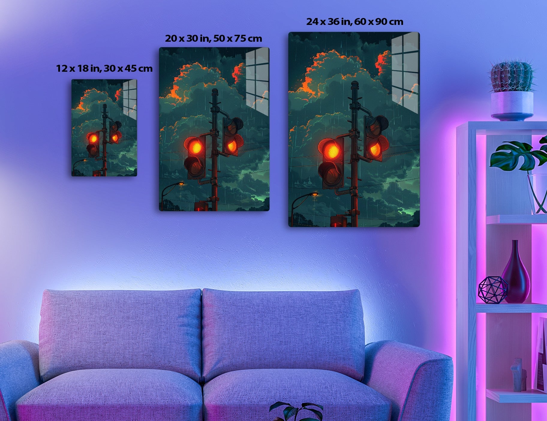 A striking digital illustration of a traffic signal with glowing red lights against a stormy sky with fiery orange clouds and rain, creating a dramatic, apocalyptic atmosphere.
