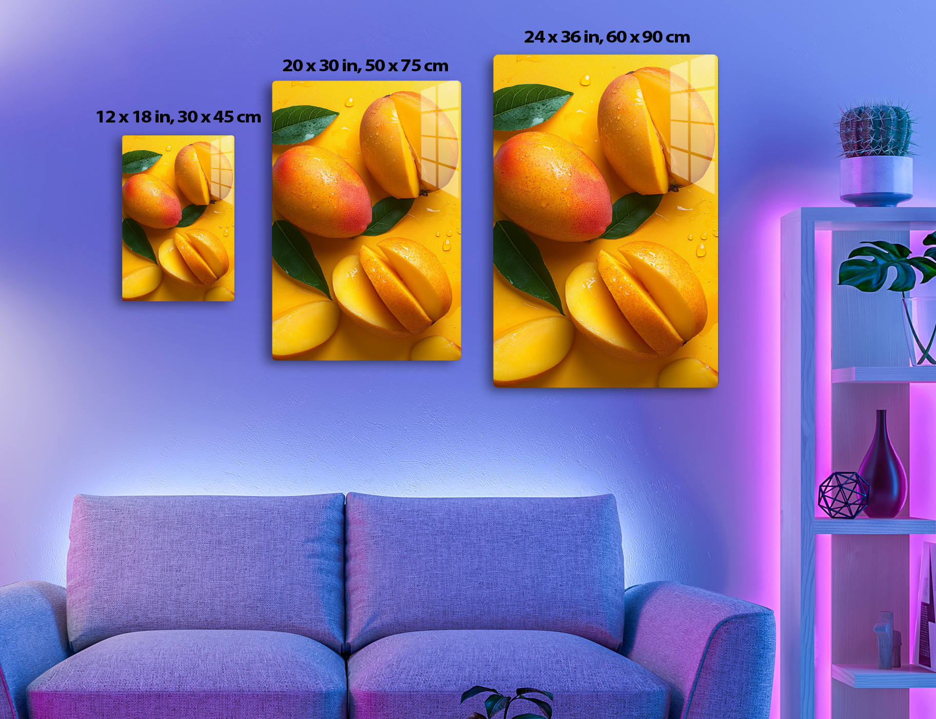 Fresh mango fruits on a yellow background with green leaves and water droplets, showing vibrant oranges and yellows.
