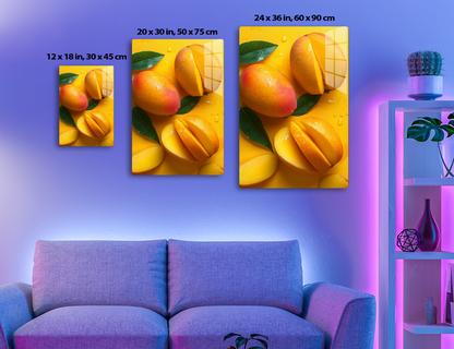 Fresh mango fruits on a yellow background with green leaves and water droplets, showing vibrant oranges and yellows.
