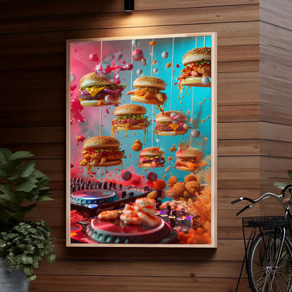 Mouth-watering hamburgers float amidst vibrant splashes of color, dripping toppings and condiments, surrounded by nuggets and cosmetics against a club music set backdrop.
