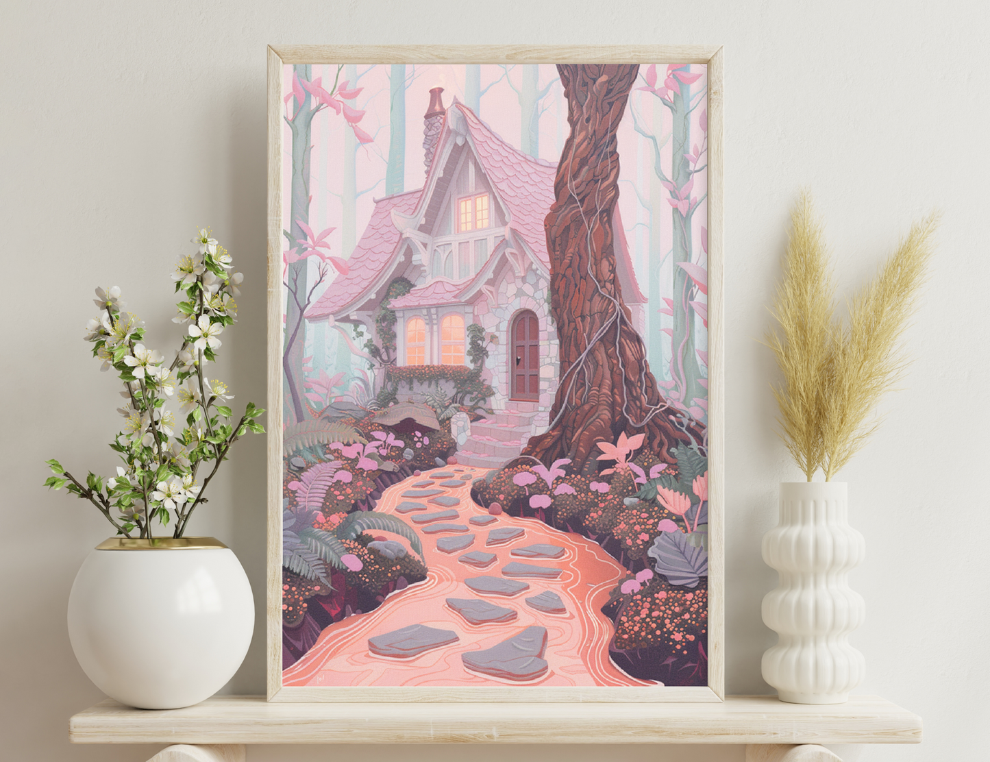 A fantasy cottage with a pink shingled roof and warm lights glowing through the windows, nestled in a whimsical forest with a winding stone path, oversized mushrooms, and flowering plants in shades of pink and lavender
