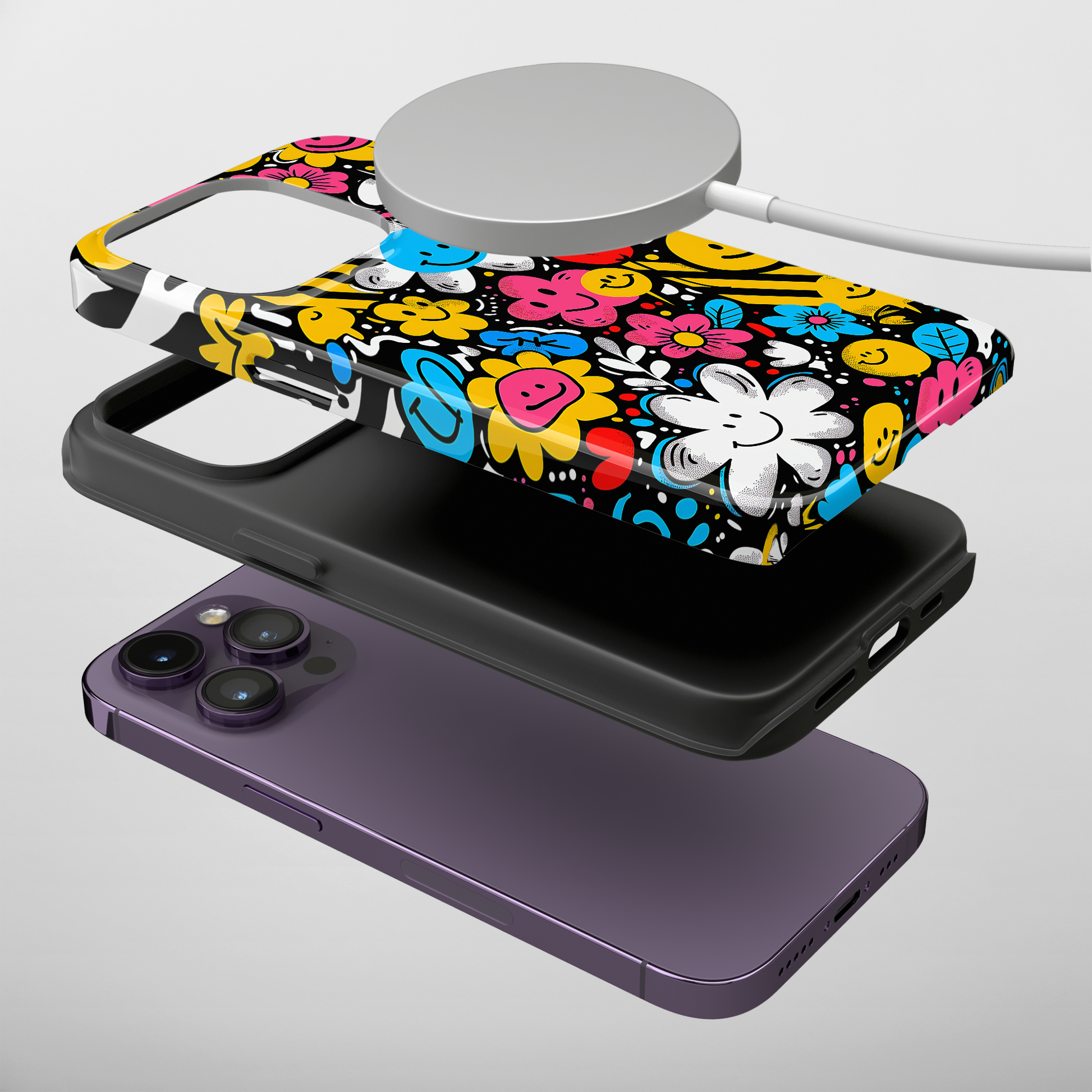 Cheerful Smiley Faces (iPhone MagSafe Case)Elevate your iPhone's protection and style with RimaGallery's A playful phone case with a cheerful mix of smiley faces and colorful flowers on iphone MagSafe Case agRimaGallery