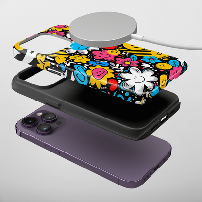Cheerful Smiley Faces (iPhone MagSafe Case)Elevate your iPhone's protection and style with RimaGallery's A playful phone case with a cheerful mix of smiley faces and colorful flowers on iphone MagSafe Case agRimaGallery