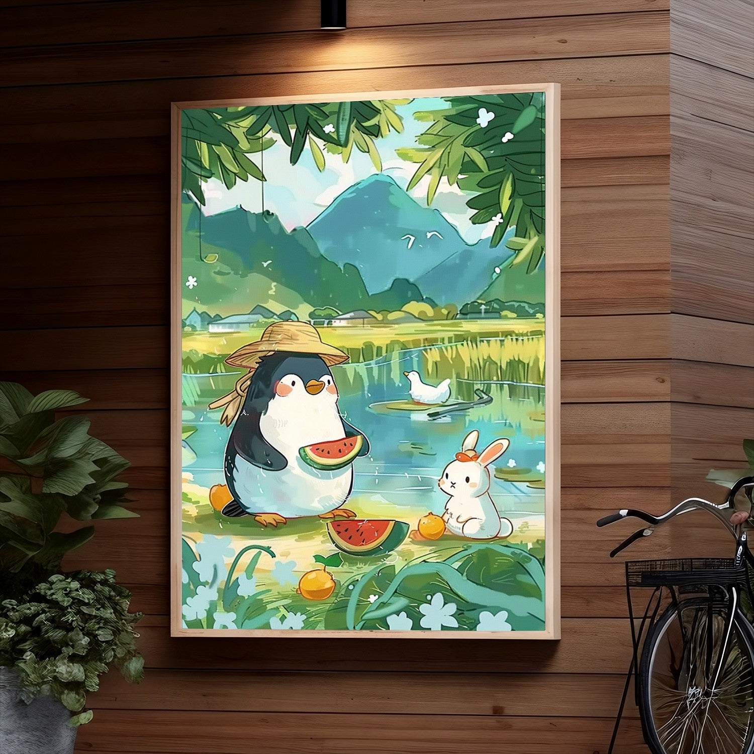 A penguin wearing a hat enjoys a slice of watermelon by a pond with a rabbit, duck, and mountainous landscape with lush greenery in the background.
