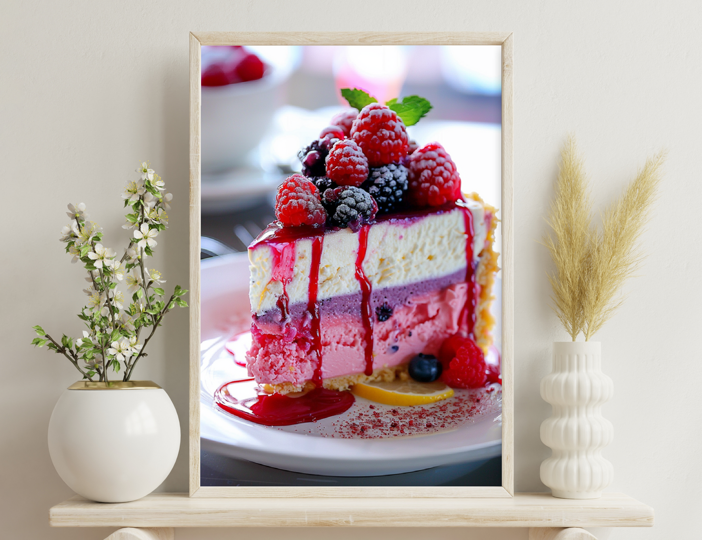 A decadent layered cake adorned with fresh raspberries, blackberries, and a vibrant raspberry sauce dripping down the sides, served on a white plate.
