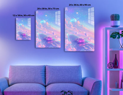 A futuristic cosmic scene with a car driving on a glowing path through a colorful nebula filled with planets, stars, and celestial formations, evoking a surreal and imaginative journey through space.
