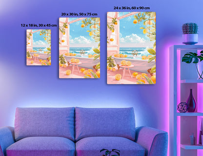 A surreal beach scene with an open doorway leading to a bathtub overlooking the ocean, surrounded by lemon trees and sliced lemons, creating a whimsical and refreshing atmosphere.
