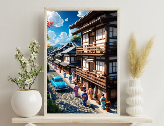 Traditional Japanese street with wooden buildings, people in colorful kimonos, and a classic blue car on the cobblestone road under a bright blue sky.
