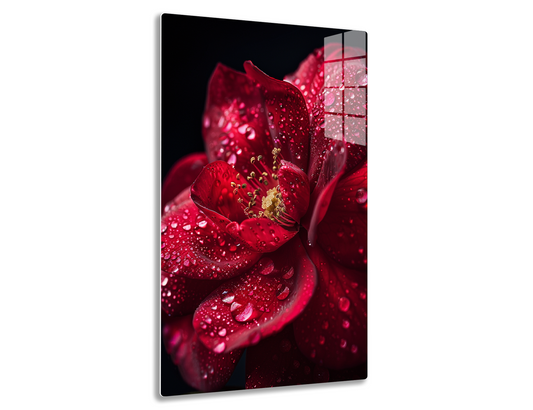 A close-up of a vibrant red flower petals covered in glistening water droplets, with a black background, capturing the delicate beauty and texture of the floral subject.
