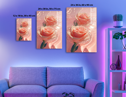 Two lush pink roses adorned with sparkling dewdrops, set against a soft pink background, creating a dreamy and ethereal floral scene.
