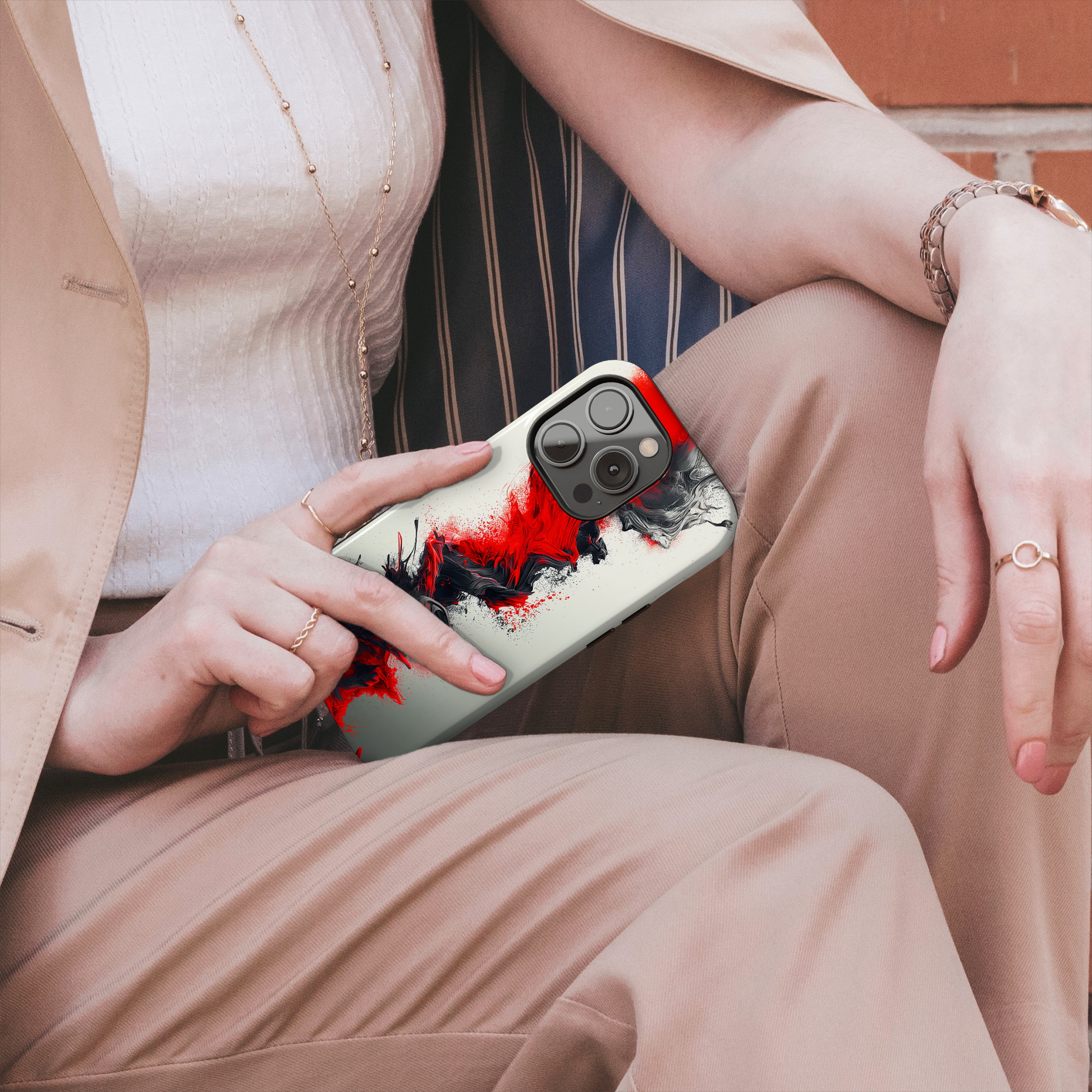 Scarlet Swish (iPhone MagSafe Case)Elevate your iPhone's protection and style with RimaGallery's Dynamic swirls of red on a MagSafe Case against a dark backdrop. Enjoy dual-layer defense, vibrant desiRimaGallery