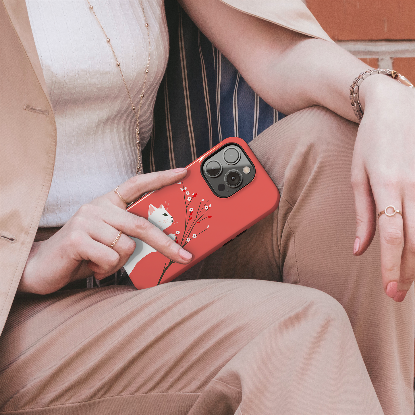 Floral Feline (iPhone MagSafe Case)Elevate your iPhone's protection and style with RimaGallery's Playful cat interacting with delicate flowers on a coral on iphone MagSafe Case against a dark backdropRimaGallery