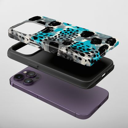 Teal Spots (iPhone Case 11-15)Elevate your iPhone's protection and style with RimaGallery's Trendy animal print pattern with teal accents On case, featuring dual-layer defense and a sleek, glossyRimaGallery