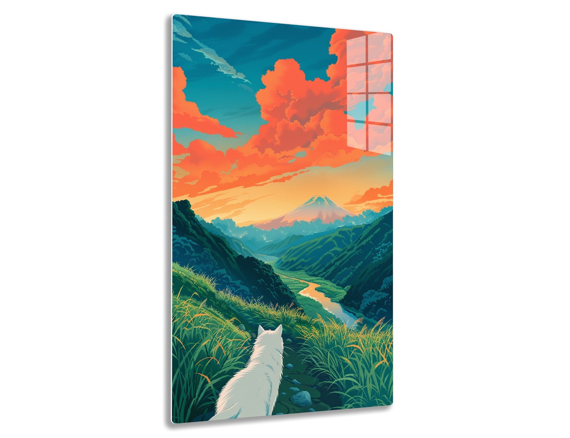 A scenic landscape depicting a white cat in the foreground gazing at a majestic snow-capped mountain against a vibrant orange and blue clouded sky, with a winding river through lush green hills.
