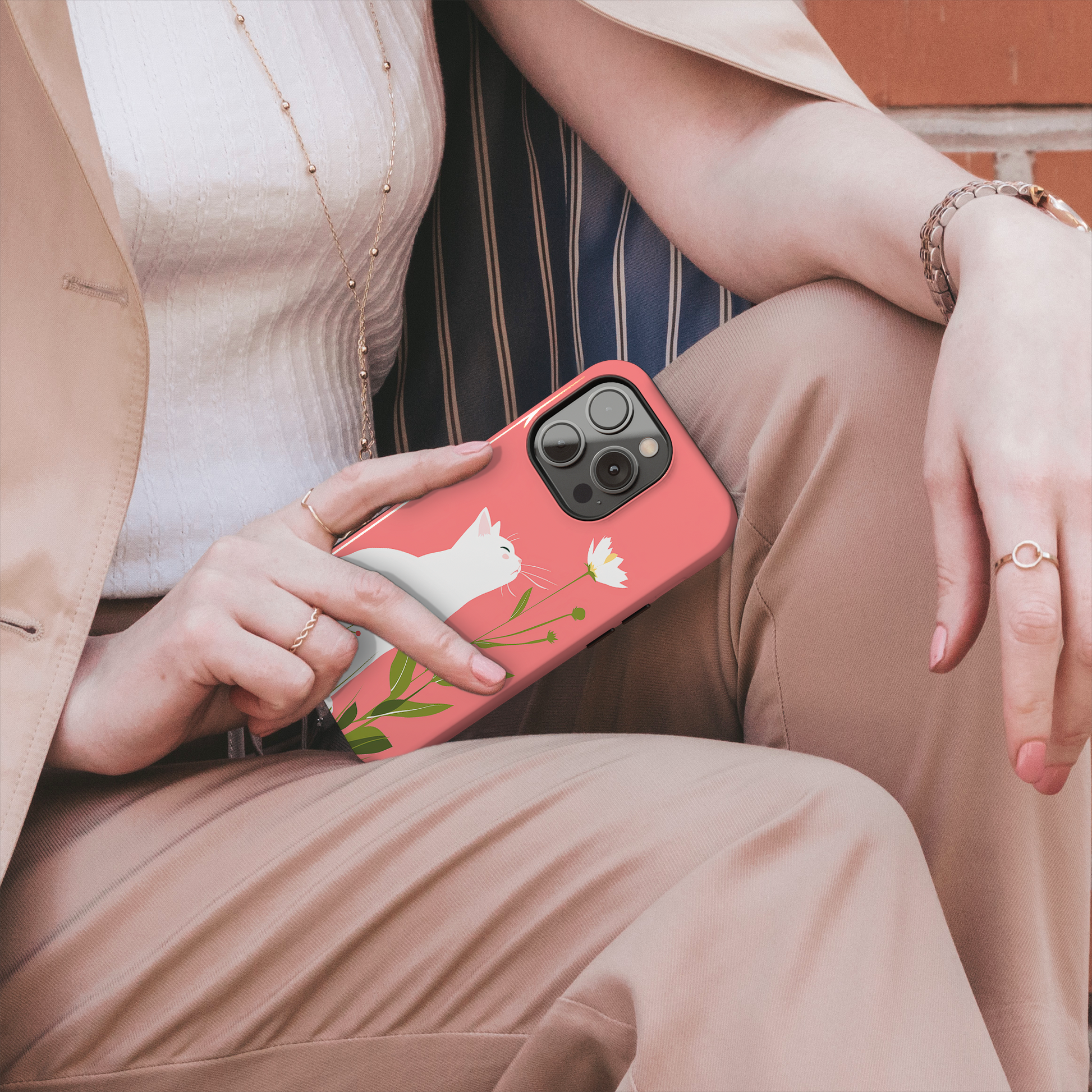 Blossom Gazer (iPhone Case 11-15)Elevate your iPhone's protection and style with RimaGallery's A serene white cat admiring spring blossoms on a pastel pink On case, featuring dual-layer defense and RimaGallery