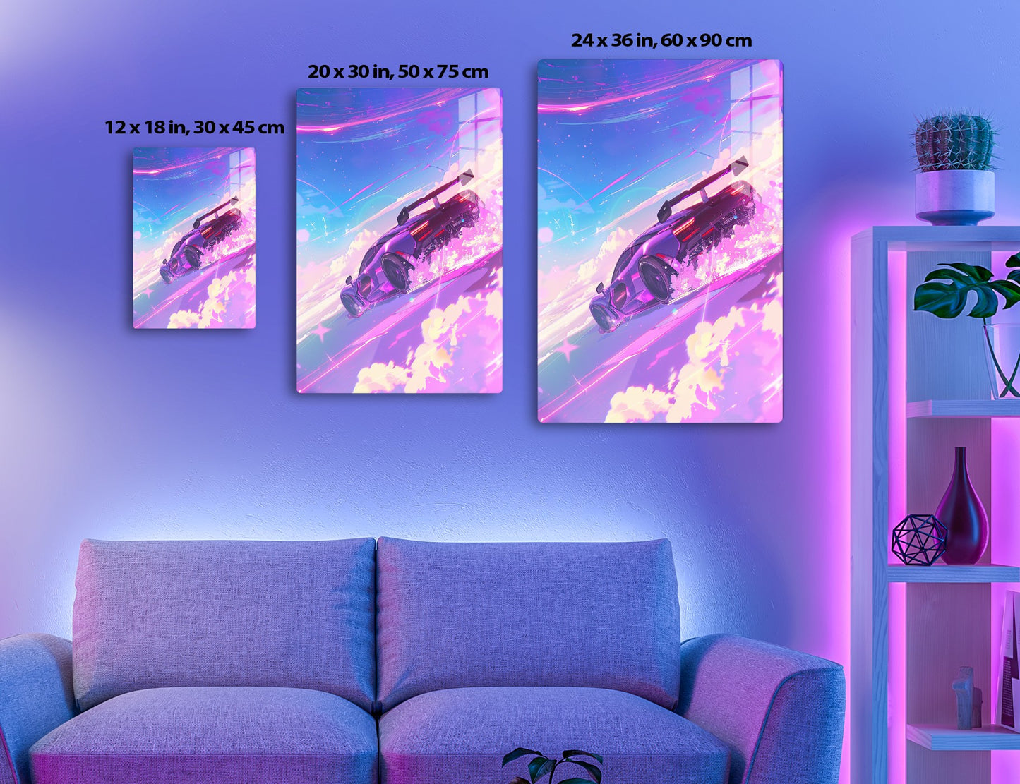 A stylized digital illustration depicting a futuristic purple hover car speeding through a vibrant cosmic sky with streaks of light trails and abstract cloud-like formations in shades of pink, blue, and yellow.
