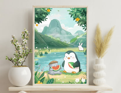 A serene landscape with a penguin and a watermelon-themed creature sitting by a lake surrounded by mountains, flora, and a rabbit in the background.
