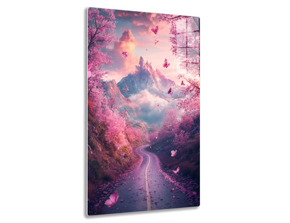 A winding road leads through a vibrant pink cherry blossom forest towards majestic snow-capped mountains in the distance, with butterflies fluttering among the blossoms and a dreamy, surreal atmosphere.
