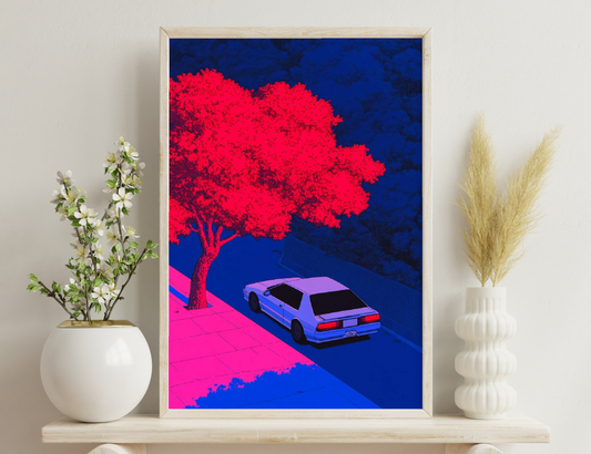 A vibrant image with a large red tree against a deep blue sky, and a lavender vintage car parked on a bright pink road, creating a striking contrast of bold colors and surreal scene.
