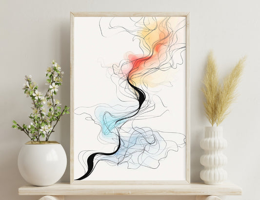 An abstract illustration with swirling lines in shades of red, orange, blue, and black, creating a fluid, smoky effect against a white background. The image appears to depict motion and energy in an artistic, abstract style.
