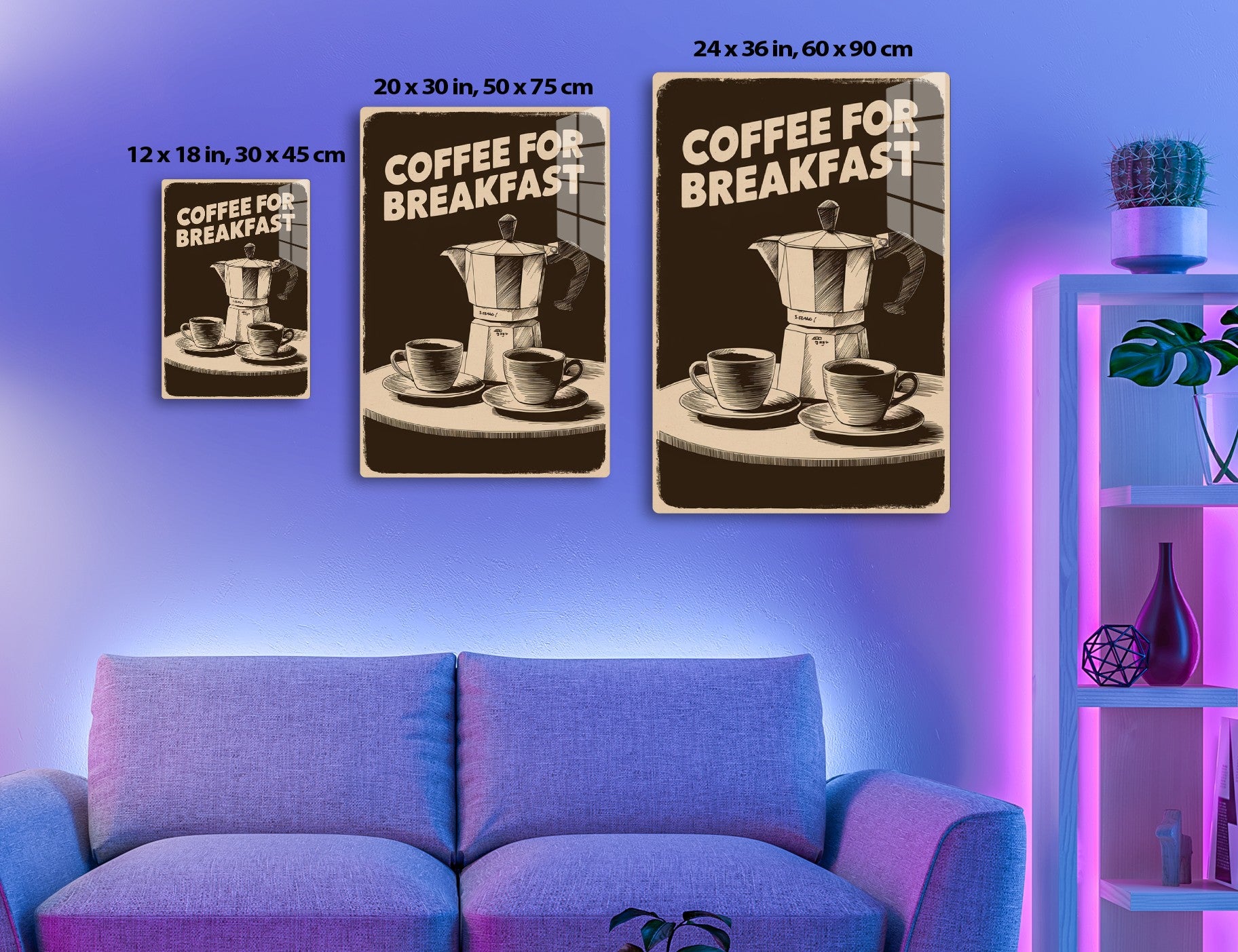 Coffee pot and two cups on saucers with the text "Coffee for Breakfast" in a vintage advertising style illustration.
