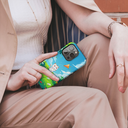 Kite Kitty (iPhone Case 11-15)Elevate your iPhone's protection and style with RimaGallery's A charming illustration of a kitten flying a kite on a sunny daye On case, featuring dual-layer defenseRimaGallery