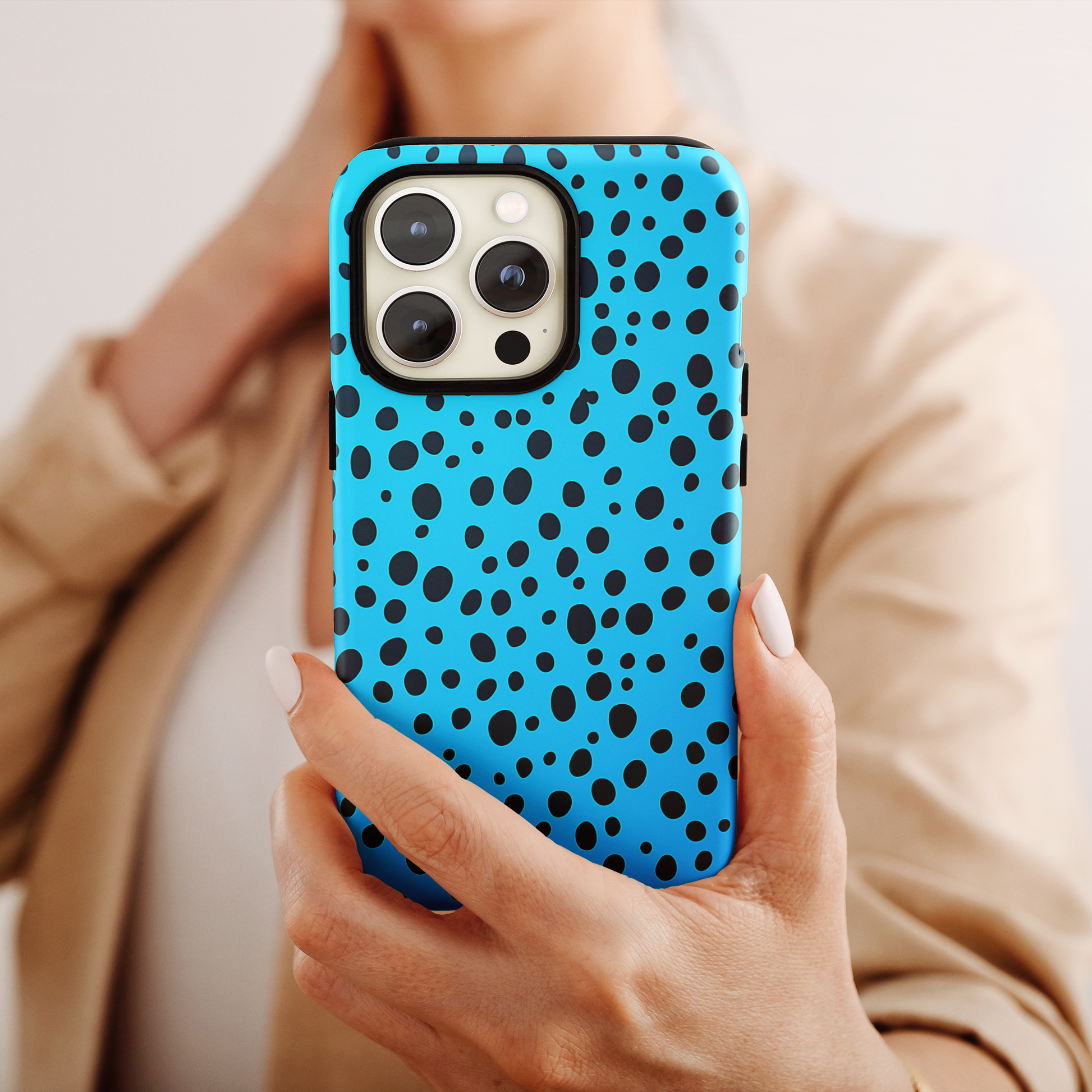 Dotted Delight - Sky Blue (iPhone Case 11-15)Elevate your iPhone's style with a Sky Blue surface with scattered dark dots and a tough case. Sleek, durable protection for models 11-15. Free US shipping.RimaGallery