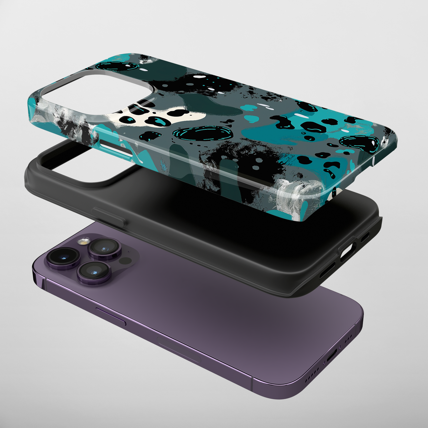 Aqua Abstract (iPhone Case 11-15)Elevate your iPhone's protection and style with RimaGallery's Abstract teal and black speckled pattern On case, featuring dual-layer defense and a sleek, glossy finiRimaGallery