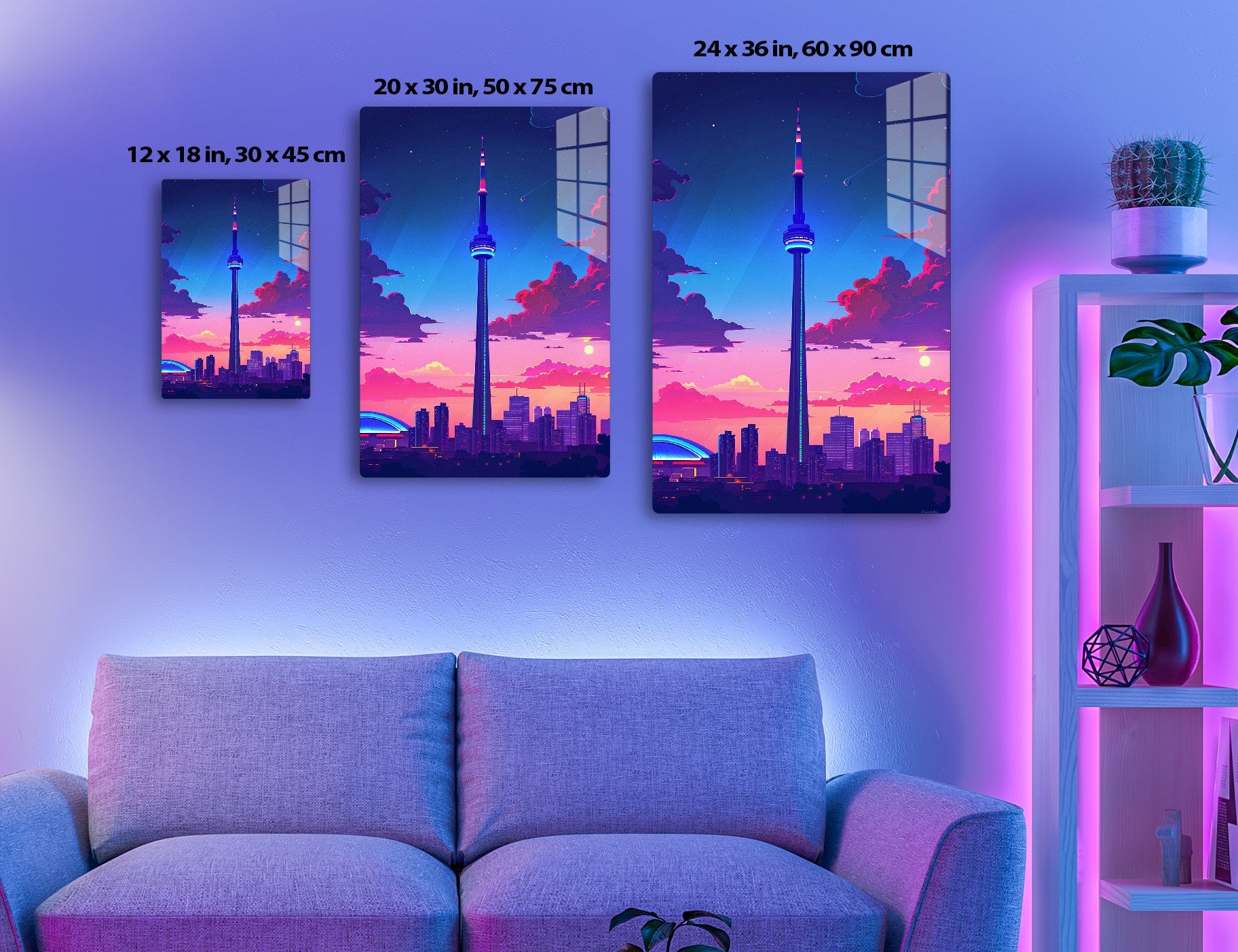 A stylized illustration of the Toronto skyline at sunset or dusk, featuring the iconic CN Tower prominently lit up against a vibrant pink, purple and blue sky with clouds.
