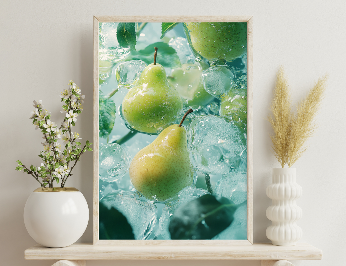 Fresh green pears submerged in water with bubbles and leaves, creating a refreshing and vibrant underwater scene.
