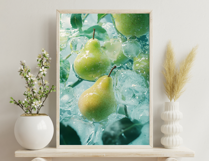 Fresh green pears submerged in water with bubbles and leaves, creating a refreshing and vibrant underwater scene.
