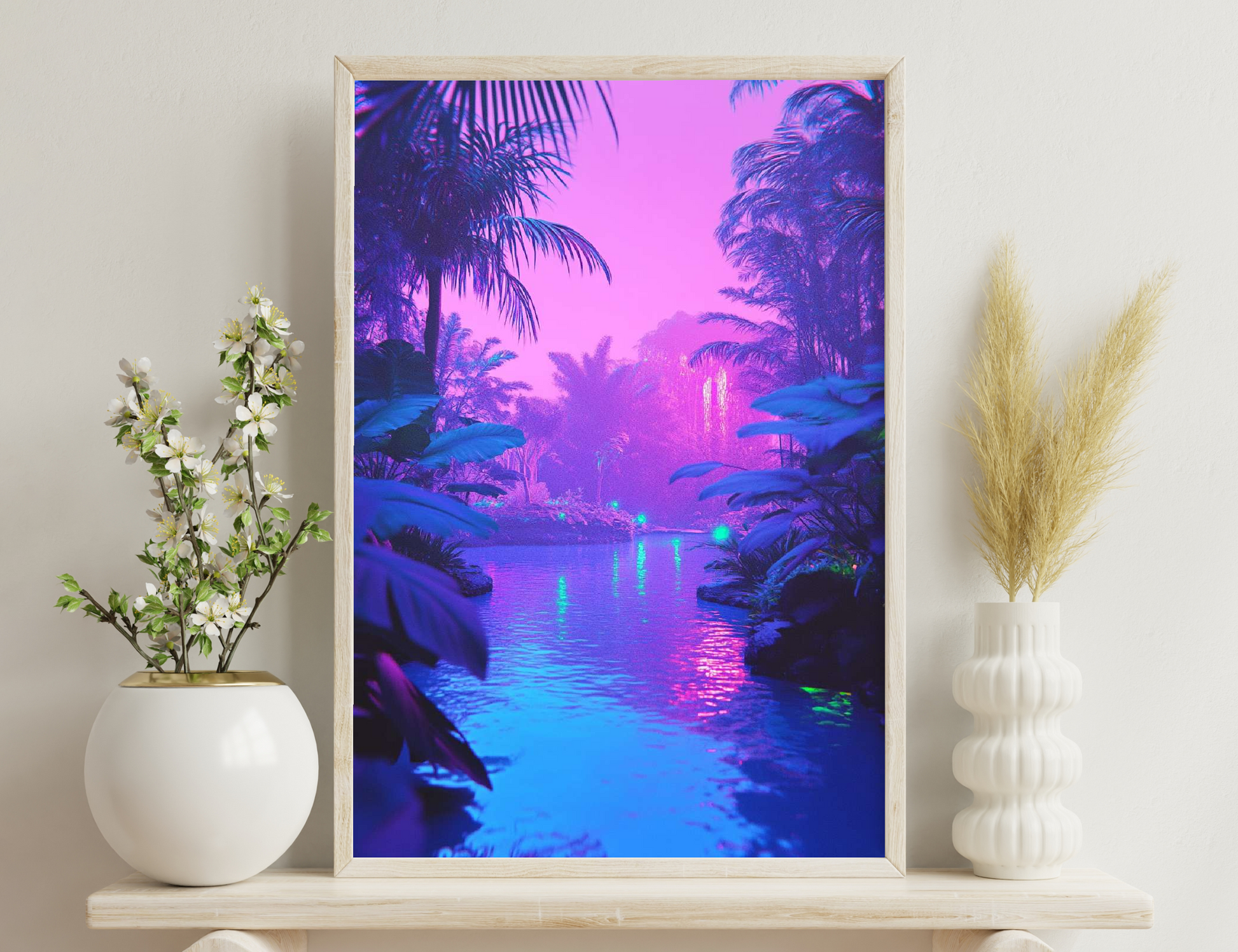 A tranquil tropical paradise under a neon-hued sunset, with towering palm trees lining a serene pool reflecting vibrant pink and blue tones, creating a mesmerizing, dream-like ambiance.
