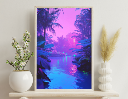 A tranquil tropical paradise under a neon-hued sunset, with towering palm trees lining a serene pool reflecting vibrant pink and blue tones, creating a mesmerizing, dream-like ambiance.

