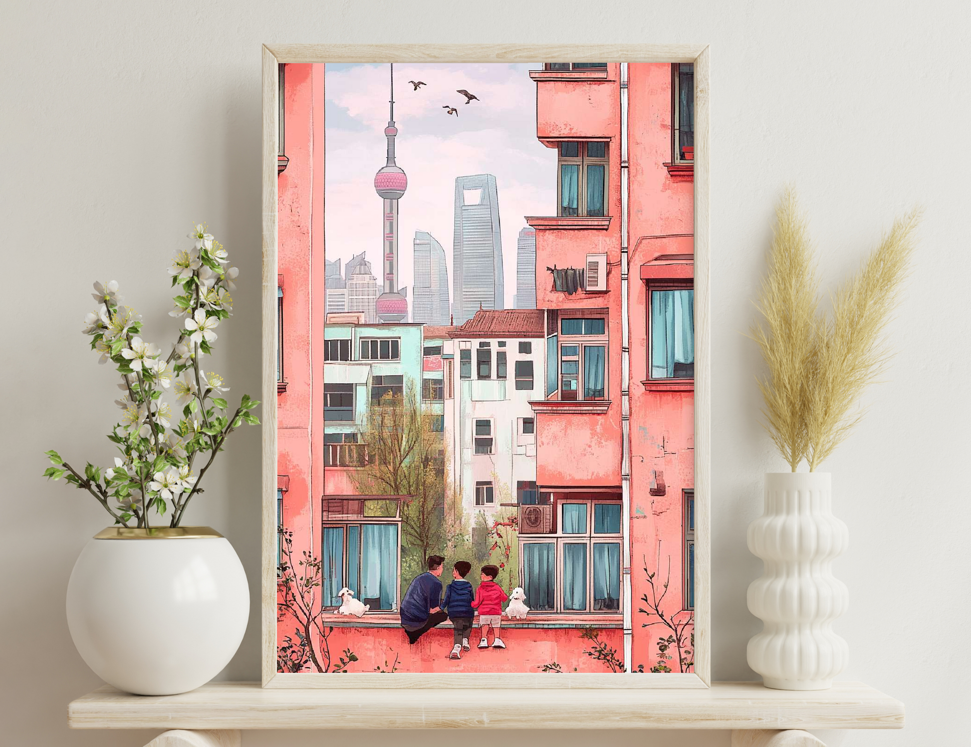 An illustration depicting an old city neighborhood with traditional buildings and modern skyscrapers in the background. Three children and two dogs are sitting on a ledge, observing the view.
