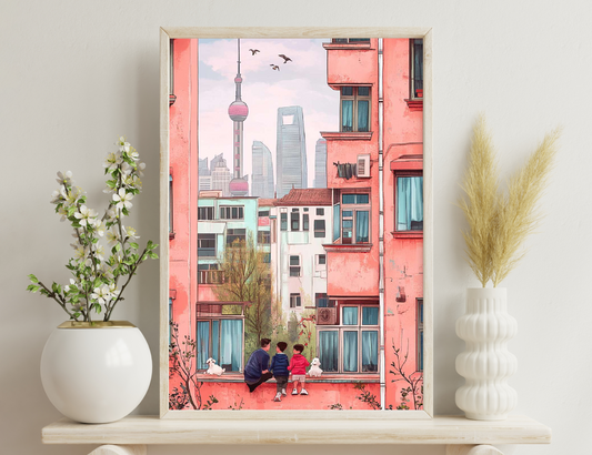 An illustration depicting an old city neighborhood with traditional buildings and modern skyscrapers in the background. Three children and two dogs are sitting on a ledge, observing the view.
