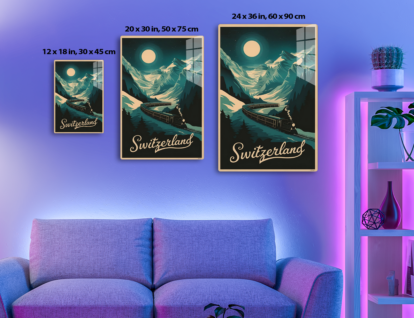 A vintage travel poster depicting a train winding through snow-capped Swiss Alps mountains under a large full moon and starry night sky, with the text "Switzerland" at the bottom.
