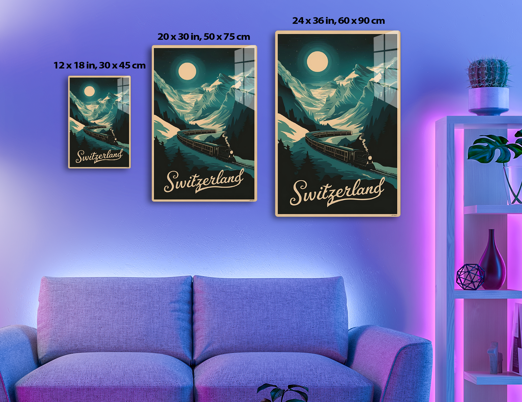 A vintage travel poster depicting a train winding through snow-capped Swiss Alps mountains under a large full moon and starry night sky, with the text "Switzerland" at the bottom.
