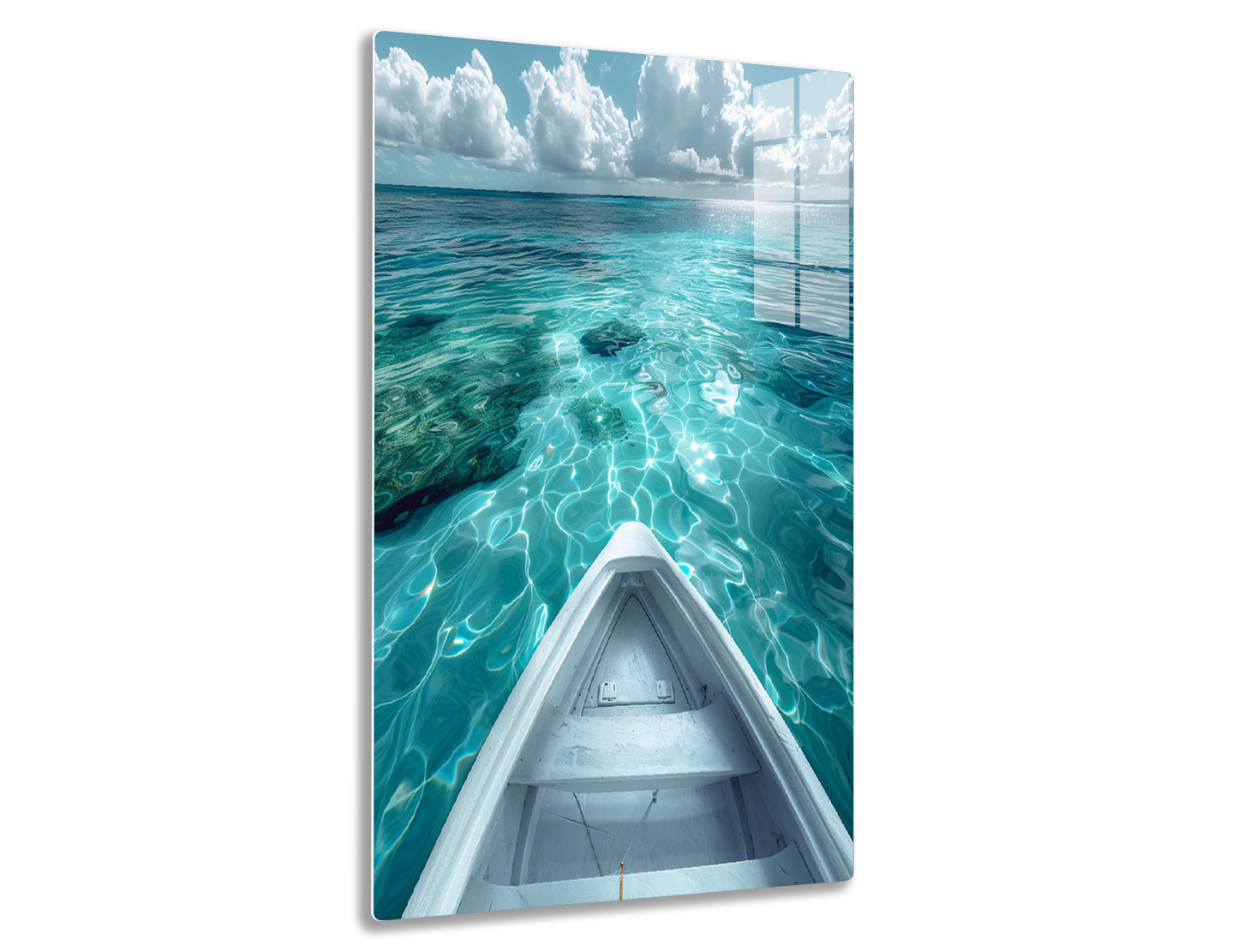 Crystal clear turquoise waters with rippling patterns from a boat's bow view, surrounded by cloudy blue skies creating a serene tropical paradise.
