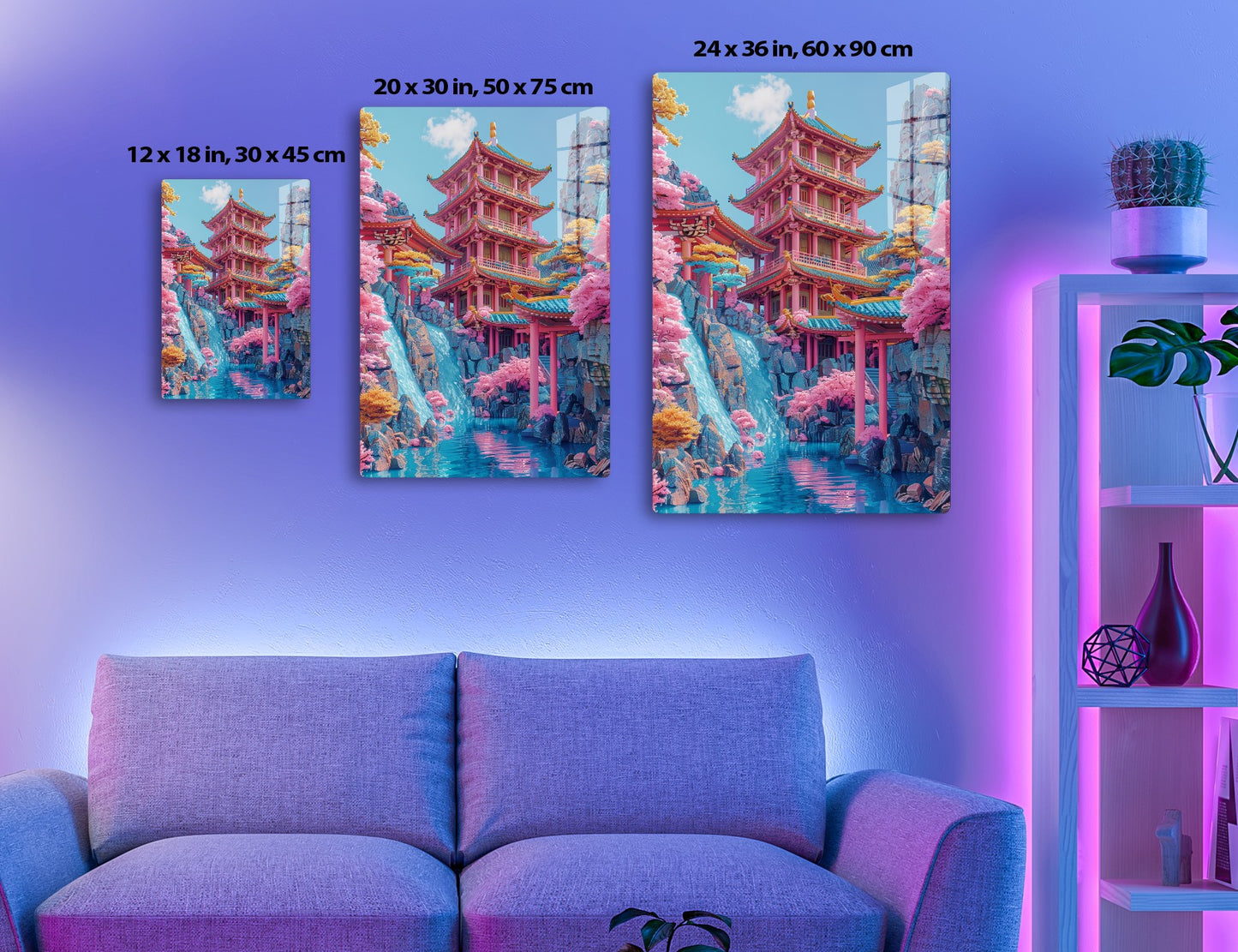A vibrant and imaginative scenery featuring an ornate pink pagoda surrounded by blooming cherry blossom trees, towering blue rocky cliffs, and a serene turquoise river flowing through the fantastical landscape.
