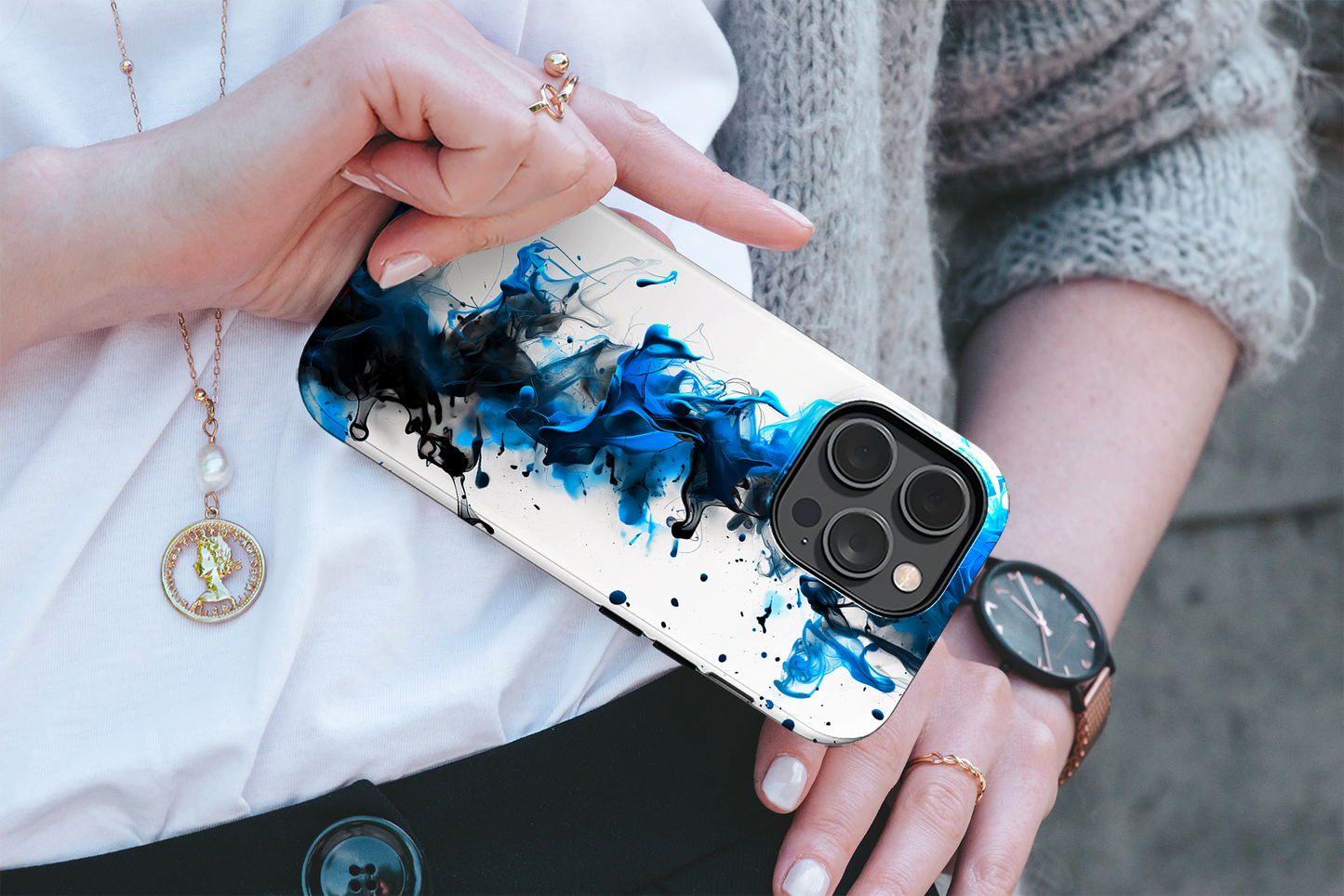 Blue Whisper (iPhone Case 11-15)Elevate your iPhone's style with a Blue and black ink abstract design on a white tough case. Sleek, durable protection for models 11-15. Free US shipping.RimaGallery