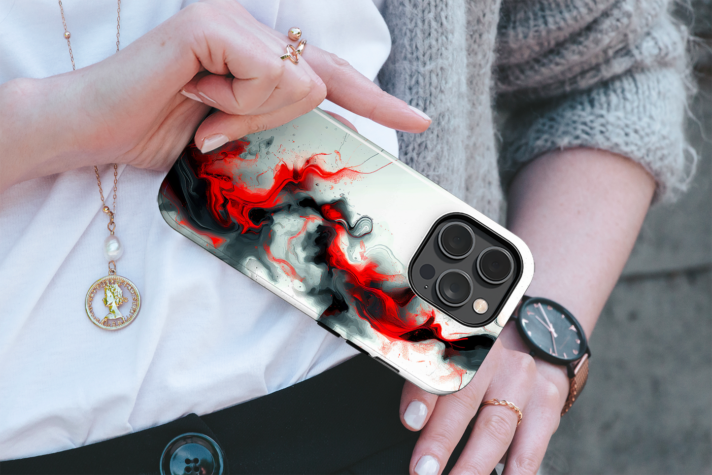 Blush Swirl (iPhone MagSafe Case)Elevate your iPhone's protection and style with RimaGallery's elegant swirls of red and smoke blended across the iPhone MagSafe Case against a dark backdrop. Enjoy dRimaGallery