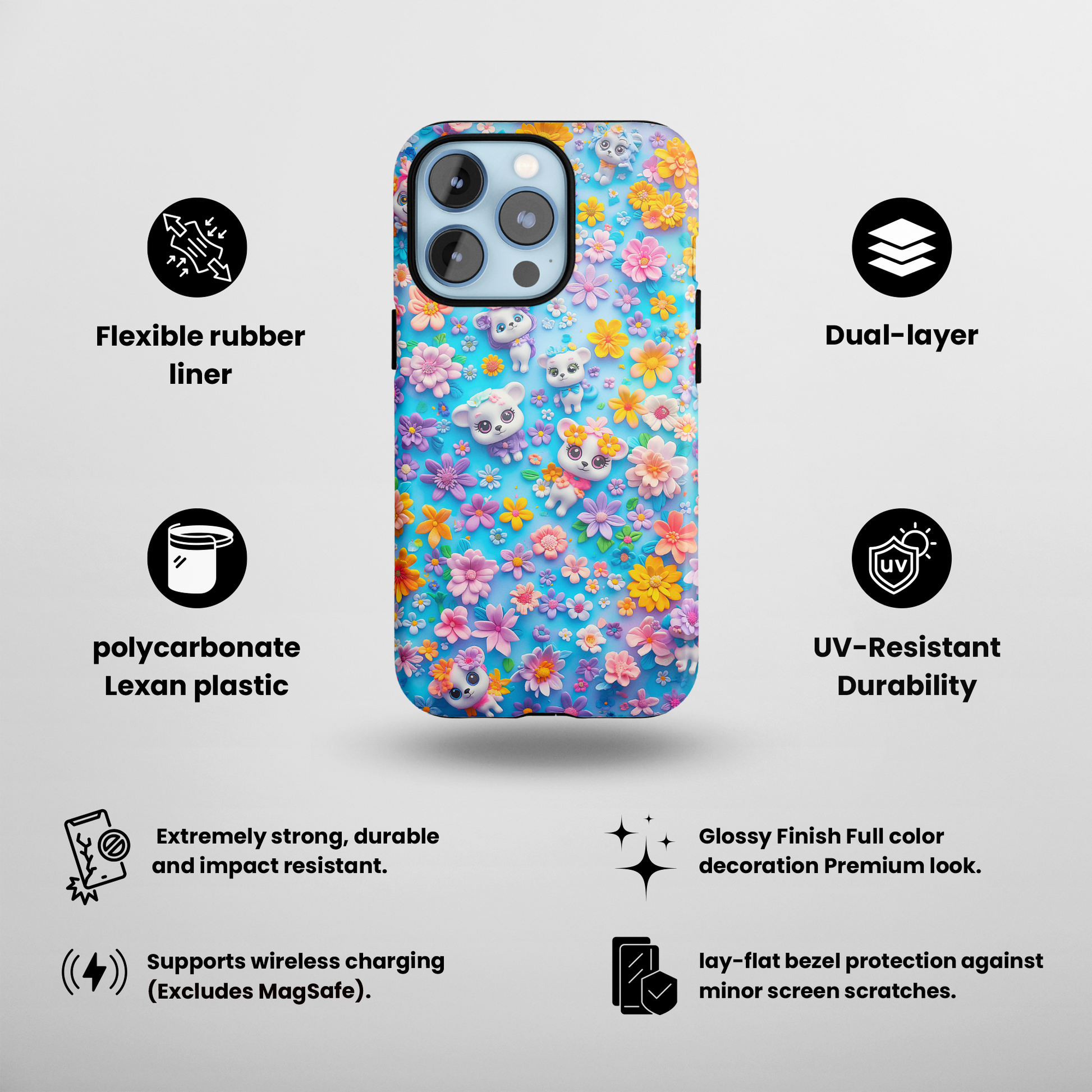 Elevate your iPhone's protection and style with RimaGallery's Vibrant floral and kitten-themed phone case, featuring dual-layer defense and a sleek, glossy finish. F-Floral Kittens (iPhone Case 11-15)