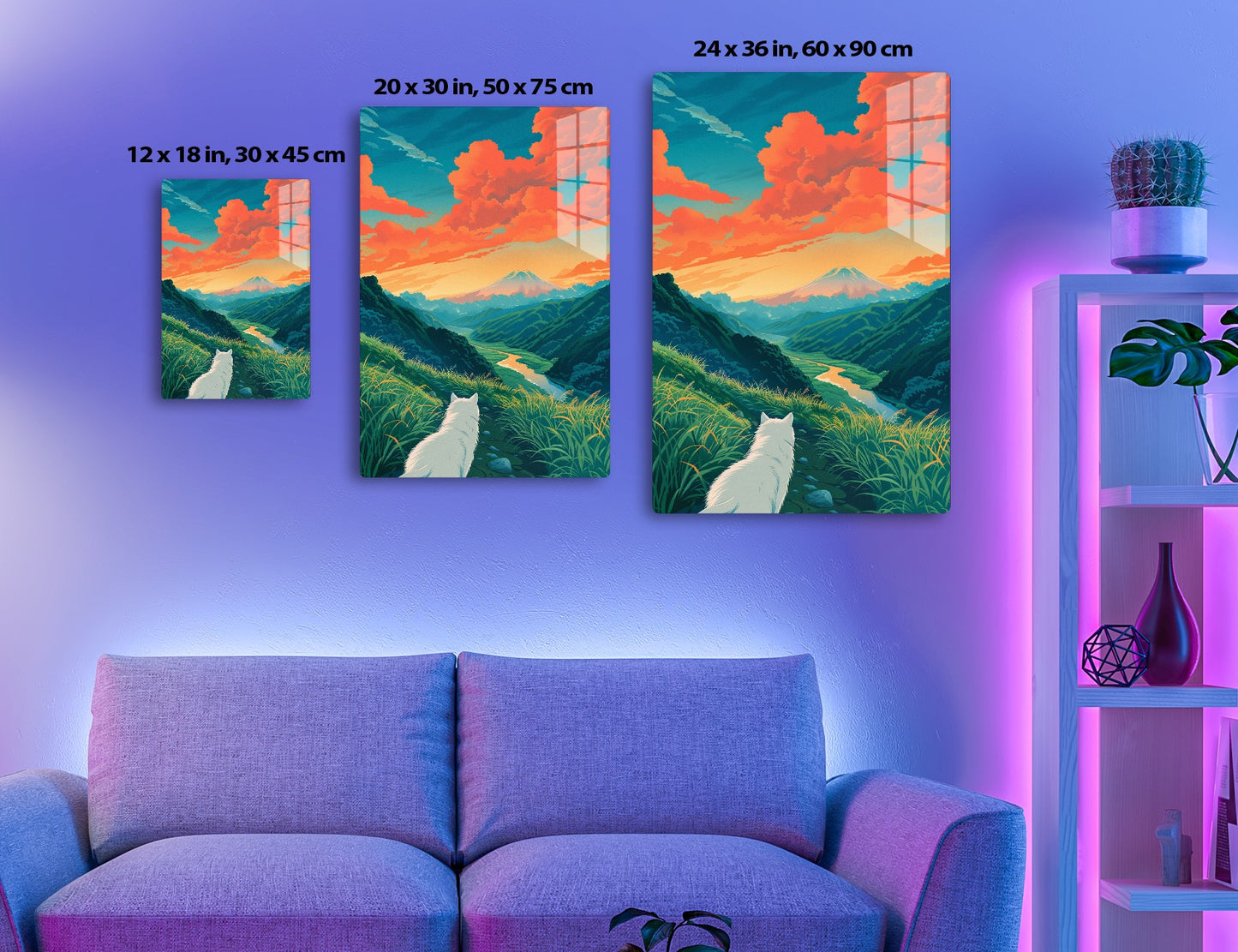 A scenic landscape depicting a white cat in the foreground gazing at a majestic snow-capped mountain against a vibrant orange and blue clouded sky, with a winding river through lush green hills.
