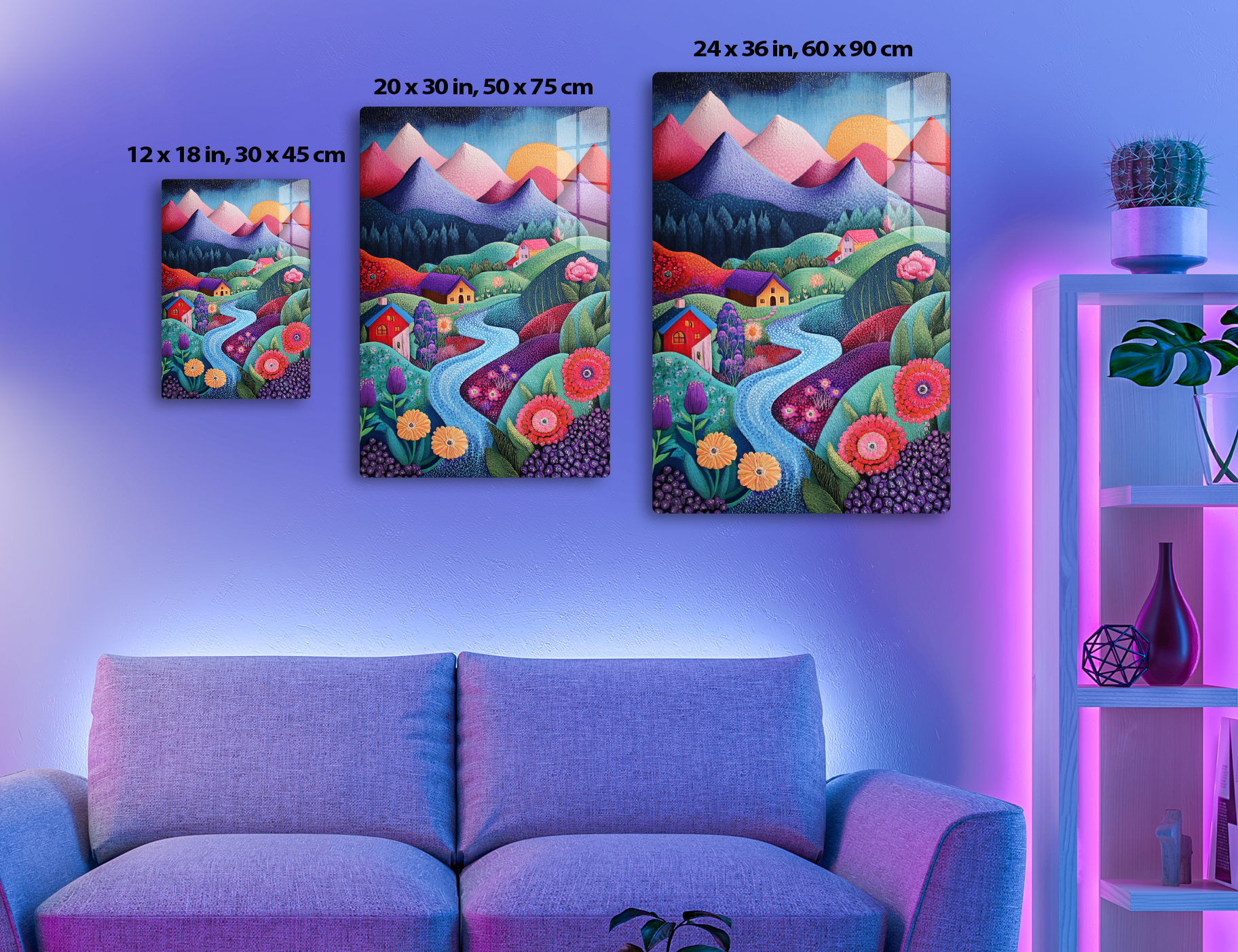 A vibrant landscape depicting colorful mountains, houses nestled amidst winding rivers and blooming floral fields under an orange sun, showcasing a harmonious fusion of natural and architectural elements in a stylized, whimsical style
