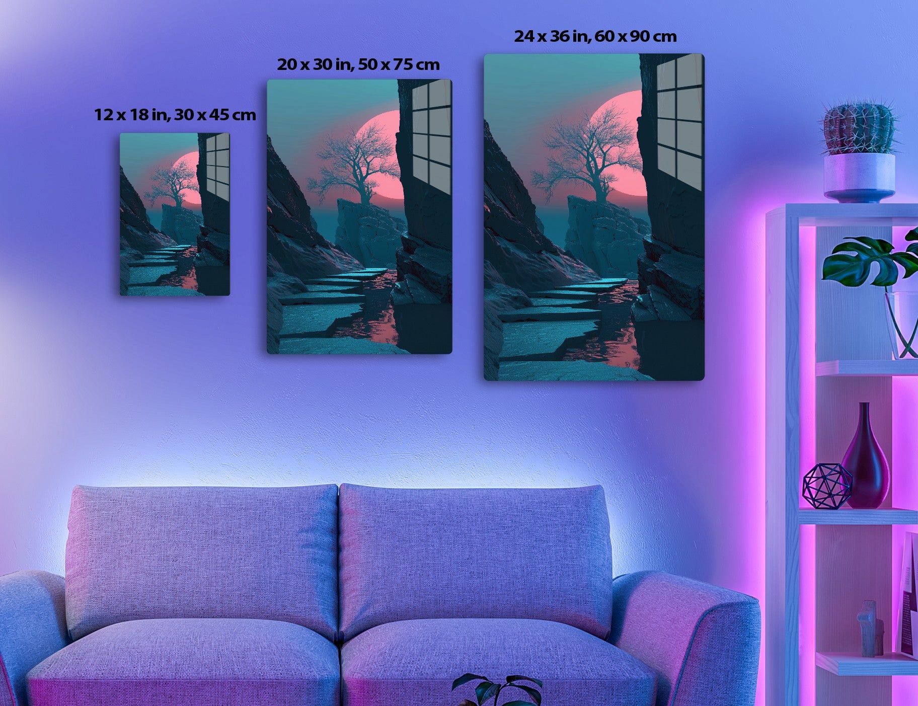 Breathtaking winter landscape with a bare tree silhouetted against a pink sunset sky, framed by rocky cliffs reflecting in frozen lake steps leading into the mountainous scene.
