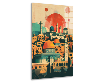 An artistic illustration depicting an ornate Middle Eastern city skyline with domed mosques, towering minarets, and palm trees set against an orange and red sunset sky with large circular shapes representing the sun or moon.
