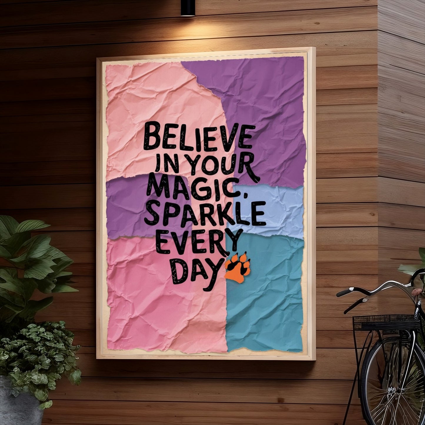 Inspirational poster with crumpled pink, purple and blue background featuring text "Believe in your magic, sparkle every day" with paw print icon

