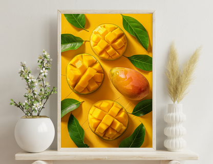 Ripe mangoes cut into cubes and whole, surrounded by green mango leaves on a vibrant yellow background.
