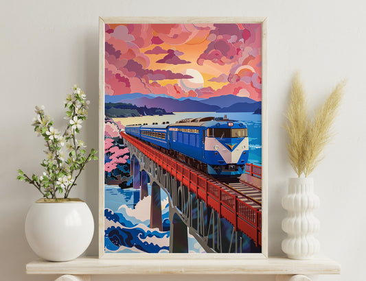 A stylized illustration of a blue passenger train crossing a bridge over water against a vivid sunset sky with pink and orange clouds over mountains.
